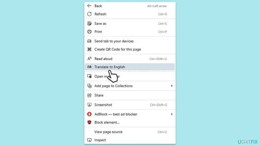 Microsoft Edge right-click menu on a webpage with the item Translate to English highlighted between Read aloud and Open in sidebar