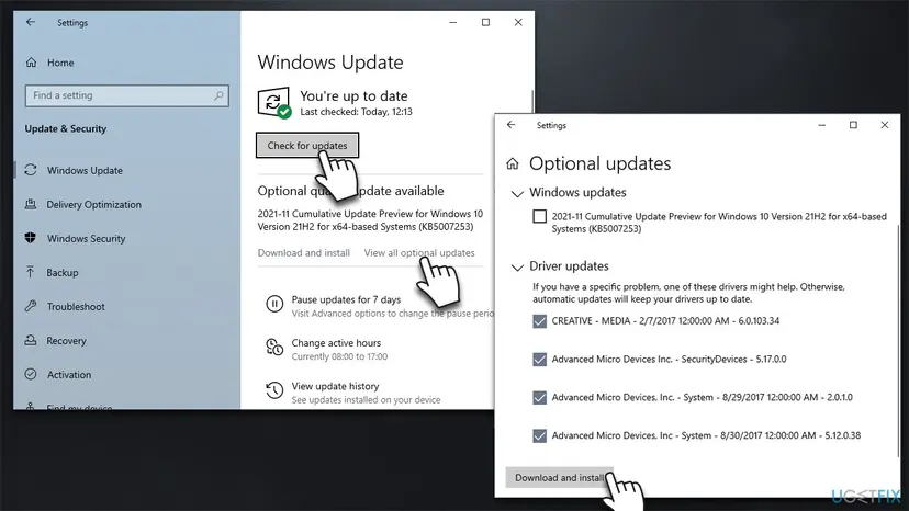 Windows 10 Settings Windows Update page with the Driver Updates section, ticked checkboxes and the Download and Install button