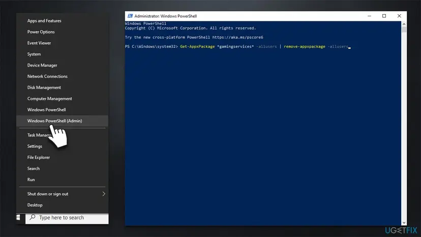 Windows 10 Start button context menu with Windows PowerShell (Admin) selected, next to an Administrator PowerShell window running the remove-appxpackage command