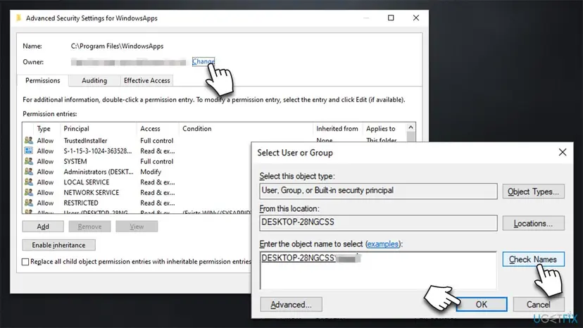 Advanced Security Settings with the Owner Change link and the Select User or Group dialog with Check Names