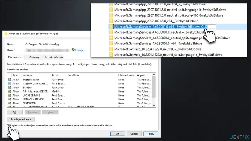 File Explorer listing in WindowsApps with the Microsoft.GamingServices version folders, one renamed, next to the Advanced Security Settings window