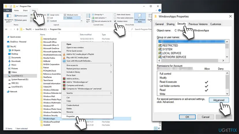 File Explorer WindowsApps folder Properties dialog with the Security tab open and the Advanced button highlighted