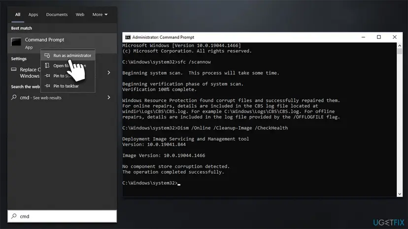 Windows 10 search for cmd with Run as administrator selected for Command Prompt, ready to run sfc /scannow and DISM commands
