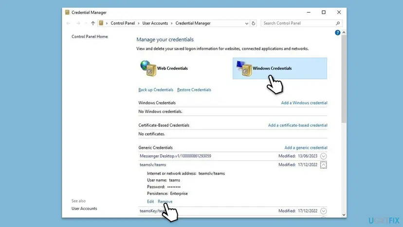 Credential Manager in Control Panel with Windows Credentials selected and a Teams entry under Generic Credentials expanded to show the Remove link