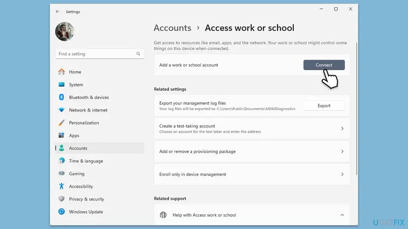 Windows 11 Settings at Accounts > Access work or school with the Connect button next to Add a work or school account