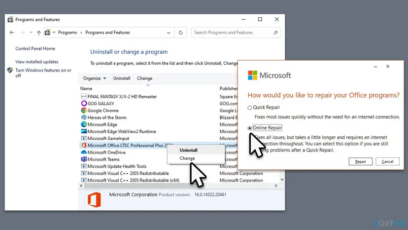 Programs and Features with Change selected on Office and the How would you like to repair your Office programs window with Online Repair chosen