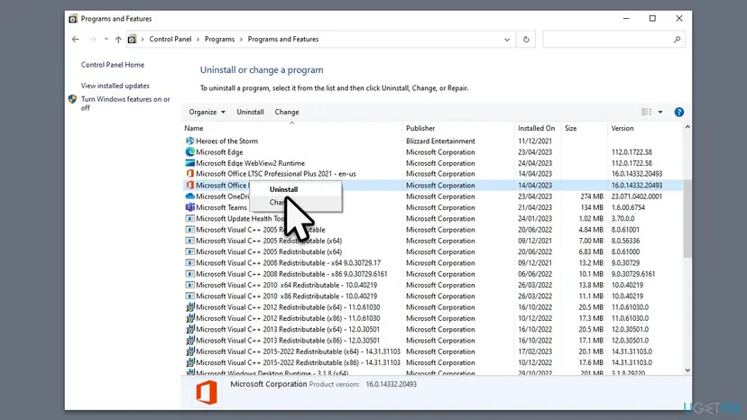 Programs and Features with Microsoft Office LTSC Professional Plus 2021 and a second Microsoft Office entry, with Uninstall selected on the second one