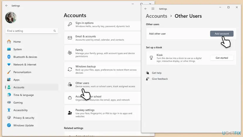 Windows 11 Settings, Accounts page listing Sign-in options, Email and accounts, Family, Windows backup, Other users and Access work or school, with the Other Users page open beside it