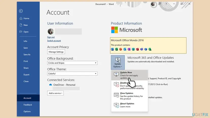 Word Account page with User Information on the left and the Update Options menu open on the right, Update Now highlighted above Disable Updates, View Updates and About Updates