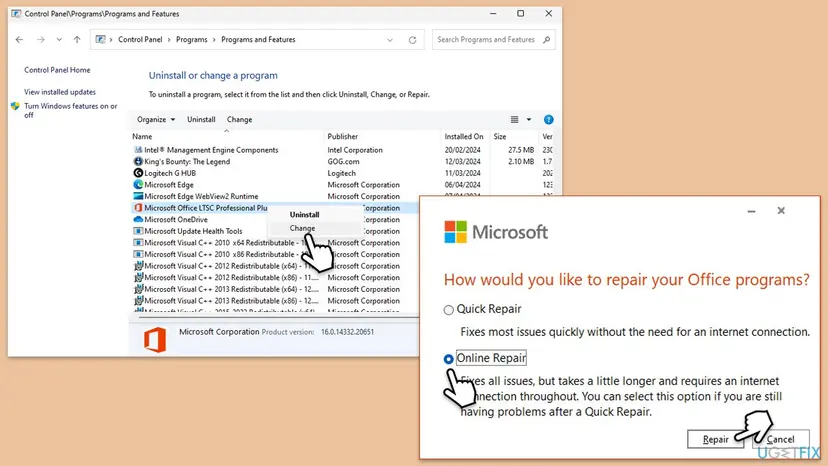 Control Panel Programs and Features with Change selected on Microsoft Office LTSC Professional Plus, next to the window How would you like to repair your Office programs with Online Repair selected and the Repair button