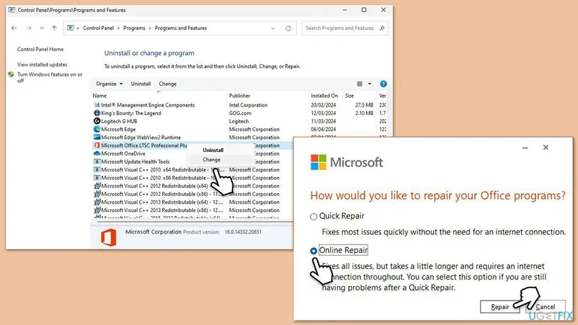 Programs and Features with Microsoft Office selected and the Change option, next to the Office repair window with Online Repair selected and the Repair button