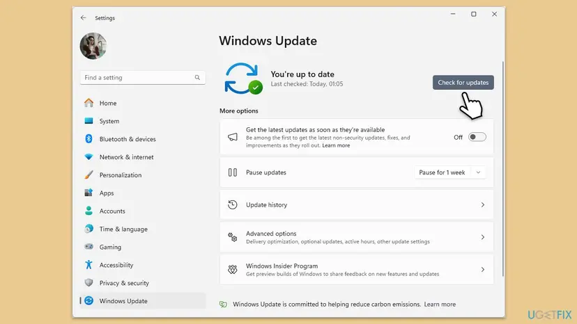 Windows 11 Settings on the Windows Update page showing You're up to date and the mouse pointer on the Check for updates button