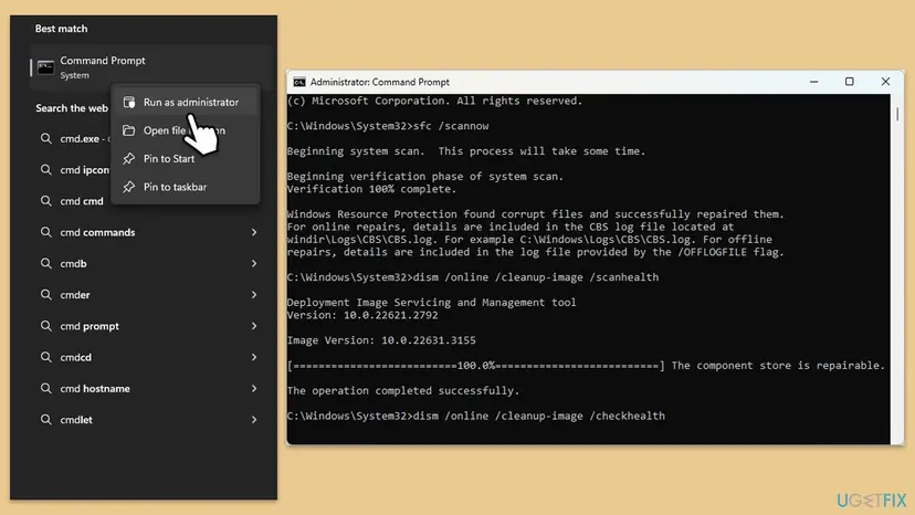 Command Prompt opened with Run as administrator, showing sfc /scannow that repaired corrupt files and dism /online /cleanup-image /scanhealth that finished