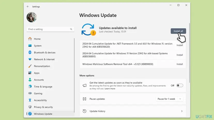 Windows 11 Settings on the Windows Update page with Updates available to install, three updates listed and the Install all button selected