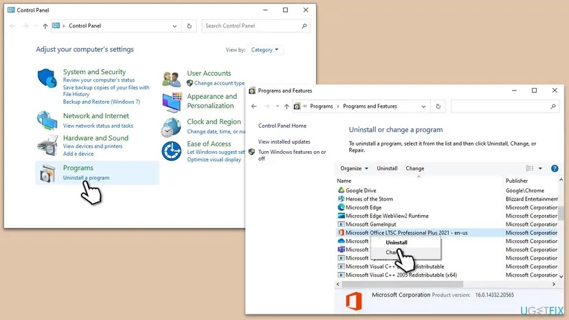 Control Panel with Programs, Uninstall a program selected, and Programs and Features with Microsoft Office LTSC Professional Plus 2021 right-clicked to show Uninstall and Change