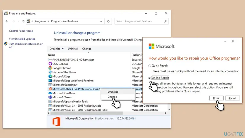 Programs and Features with Microsoft Office LTSC Professional Plus 2021 set to Change, and the Microsoft window How would you like to repair your Office programs with Online Repair selected