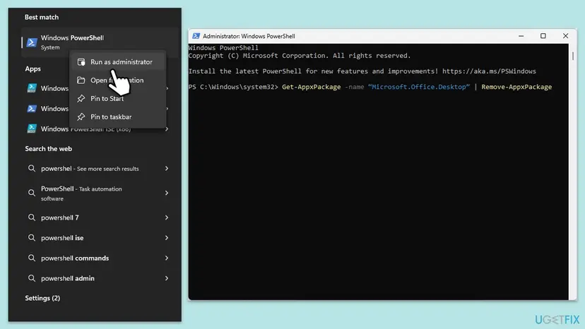 Windows search results with Run as administrator on Windows PowerShell, and an Administrator Windows PowerShell window with the Get-AppxPackage Microsoft.Office.Desktop Remove-AppxPackage command