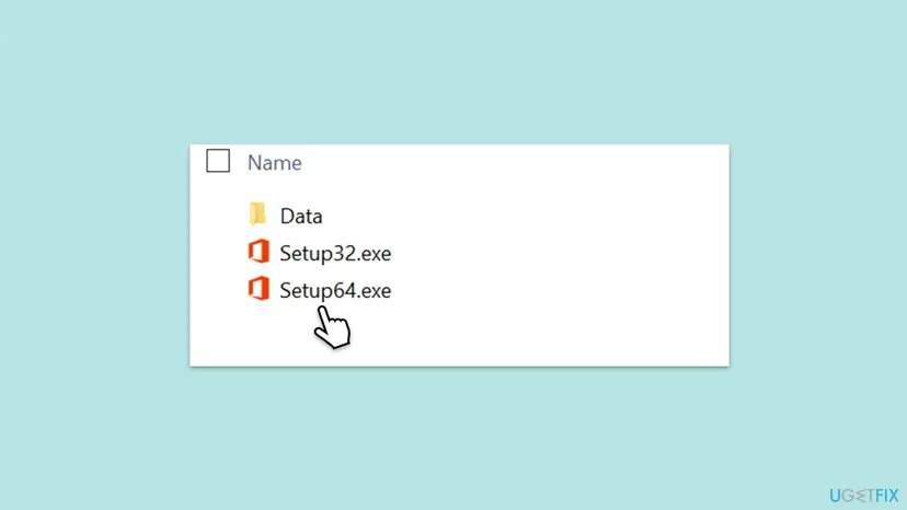 File Explorer showing the opened Office installer drive with a Data folder, Setup32.exe and Setup64.exe, and a pointer on Setup64.exe