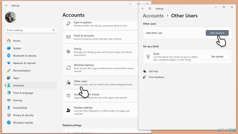 Windows 11 Settings on the Accounts page with Other users selected, next to the Other users page with the Add account button for a new local account