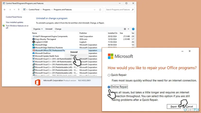 Control Panel Programs and Features with Change selected on Microsoft Office LTSC Professional Plus, next to the repair window with Quick Repair and Online Repair options and the Repair button