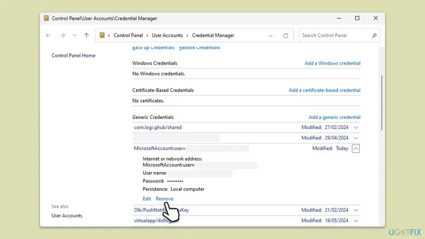 Credential Manager in Control Panel on Windows 11 with Generic Credentials listed, one Microsoft account entry expanded and the Remove link selected