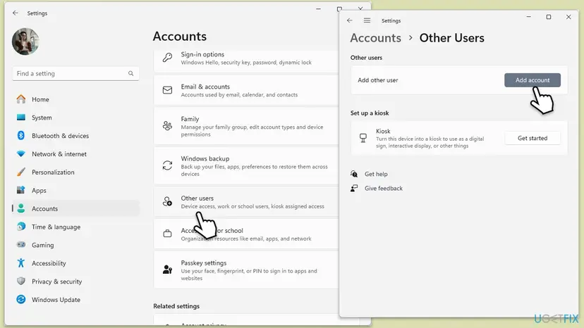Windows 11 Settings, Accounts page with Other users selected, and the Other Users page with the Add account button for Add other user