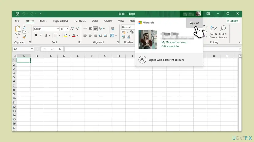 Excel with the account menu open at the top right, showing the Microsoft account card and the Sign out button selected
