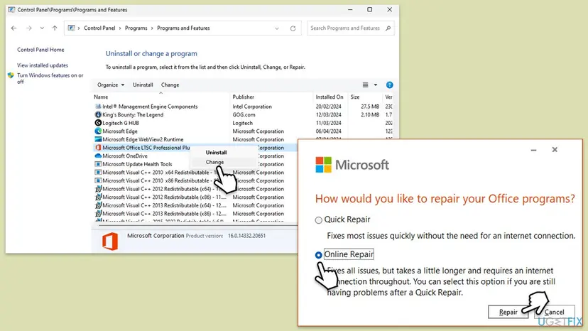 Programs and Features with Microsoft Office selected and Change chosen, next to the dialog How would you like to repair your Office programs with Online Repair selected