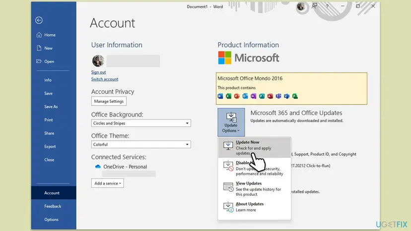 Word Account page with the Update Options menu open under Product Information and Update Now, Disable Updates, View Updates and About Updates listed