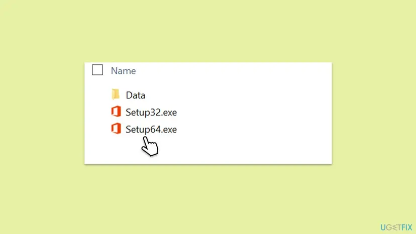 File Explorer list of the Office folder on the mounted offline installer image with the Data folder, Setup32.exe and Setup64.exe, the pointer on Setup64.exe