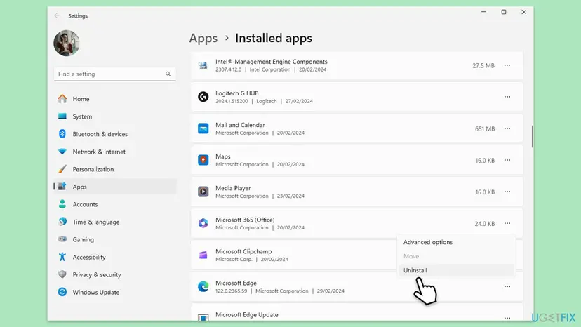 Windows 11 Settings, Apps, Installed apps with the menu of Microsoft 365 (Office) open and Uninstall selected