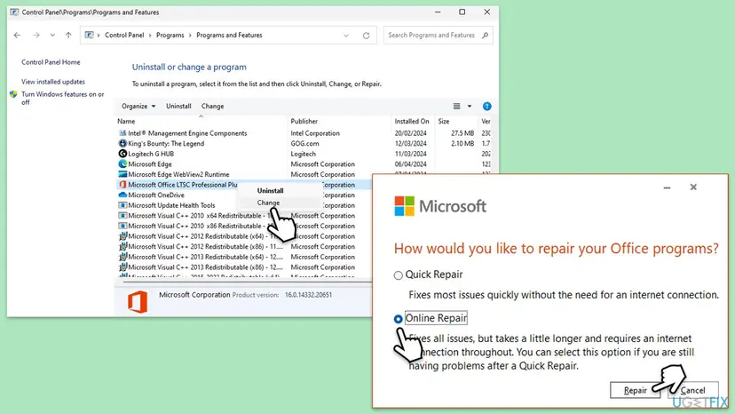 Control Panel Programs and Features with Microsoft Office selected and Change chosen, next to the Office repair window with Quick Repair and Online Repair options
