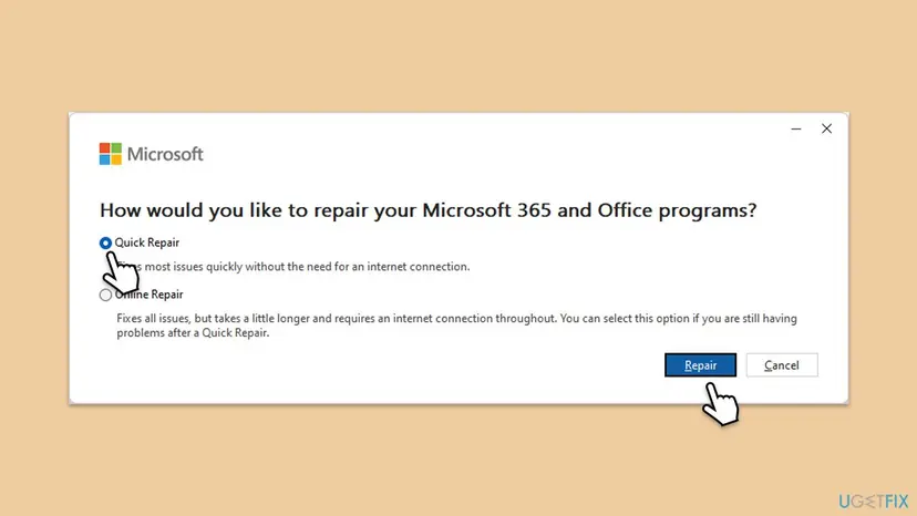 The Microsoft 365 and Office repair window with the Quick Repair and Online Repair options and the Repair button