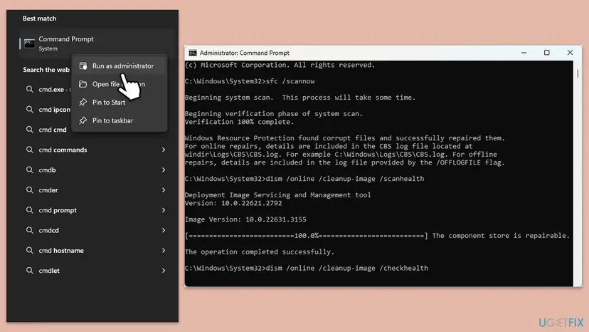 Administrator Command Prompt on Windows 11 after sfc /scannow reported that Windows Resource Protection found corrupt files and repaired them, followed by DISM ScanHealth and CheckHealth