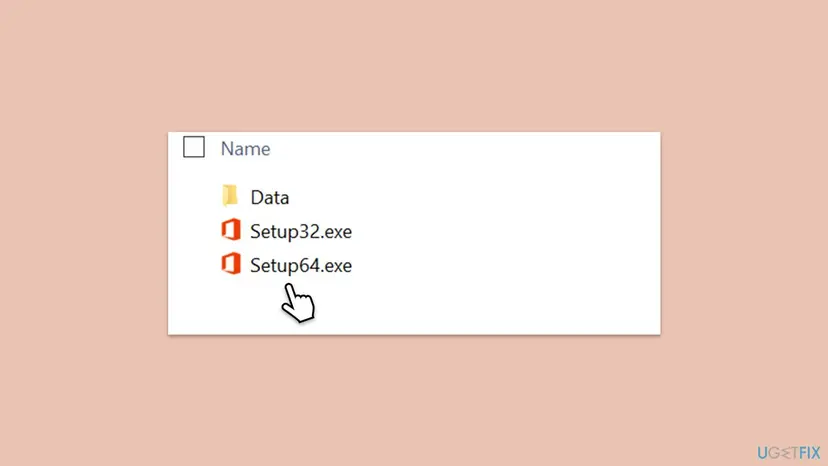 File Explorer showing the Office folder of the mounted offline installer with a Data folder, Setup32.exe and Setup64.exe, and the pointer on Setup64.exe