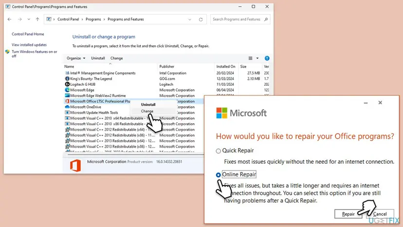 Control Panel Programs and Features with Change selected on Microsoft Office LTSC Professional Plus, next to the window How would you like to repair your Office programs with Online Repair selected and the Repair button