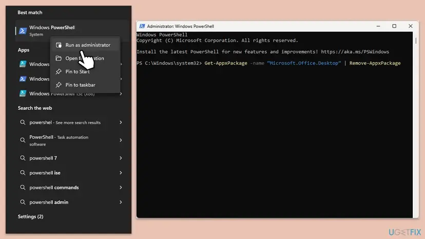 Windows search with Windows PowerShell and Run as administrator, next to an Administrator PowerShell window with the Get-AppxPackage Microsoft.Office.Desktop and Remove-AppxPackage command