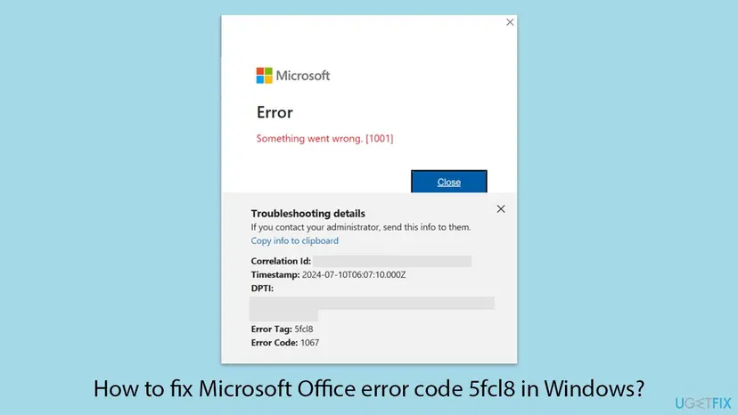 Microsoft sign-in window with the heading Error and Troubleshooting details showing Error Tag 5fcl8 and Error Code 1067 under a blurred Correlation Id and DPTI
