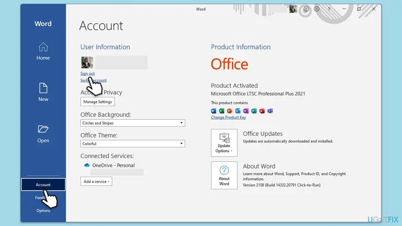 Word Account page with User Information on the left, the Sign out link selected under the account name, and Product Information on the right