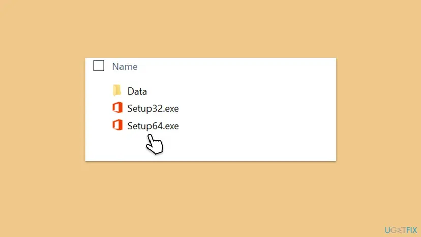 Folder of the mounted Office offline installer showing a Data folder and the files Setup32.exe and Setup64.exe, with the pointer on Setup64.exe
