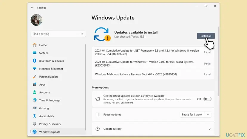 Windows 11 Settings on the Windows Update page showing Updates available to install with three listed updates and the pointer on the Install all button