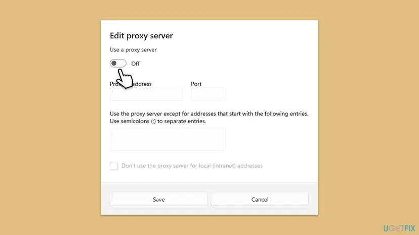 Windows 11 Edit proxy server dialog with the Use a proxy server switch set to Off and empty Proxy IP address and Port fields