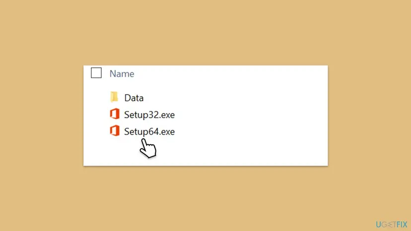 File Explorer list of the Office folder on the mounted offline installer image with the Data folder, Setup32.exe and Setup64.exe, the pointer on Setup64.exe