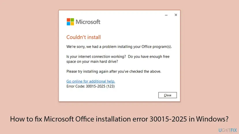 Microsoft setup window with the heading Couldn't install, the text We're sorry, we had a problem installing your Office program(s), the questions about the internet connection and free space, and an error code line