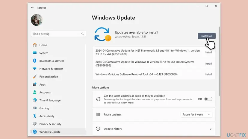 Windows 11 Settings on the Windows Update page with the status Updates available to install, three listed updates and the pointer on the Install all button