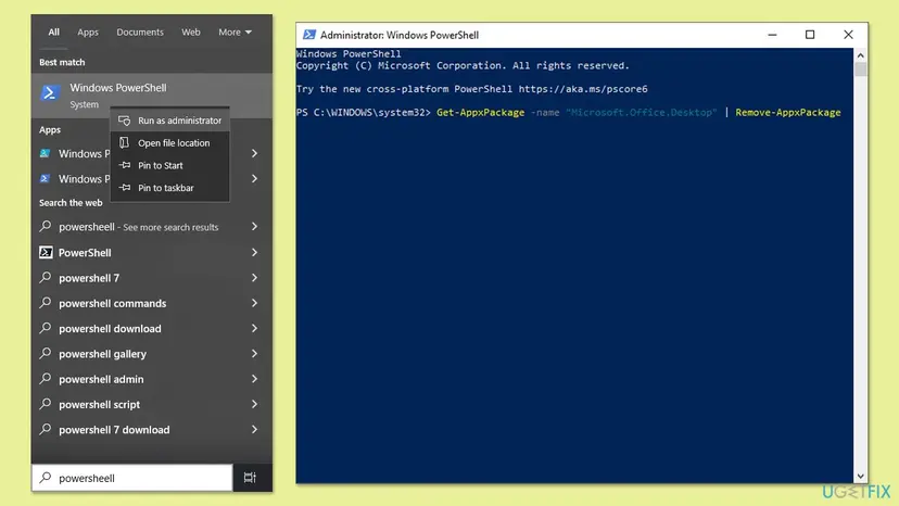 Windows search with Run as administrator on Windows PowerShell and an elevated PowerShell window with the Get-AppxPackage Microsoft.Office.Desktop and Remove-AppxPackage command