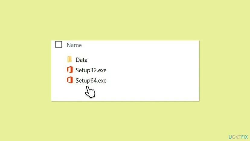 File Explorer showing the Office folder of the virtual drive with a Data folder, Setup32.exe and Setup64.exe, the pointer on Setup64.exe