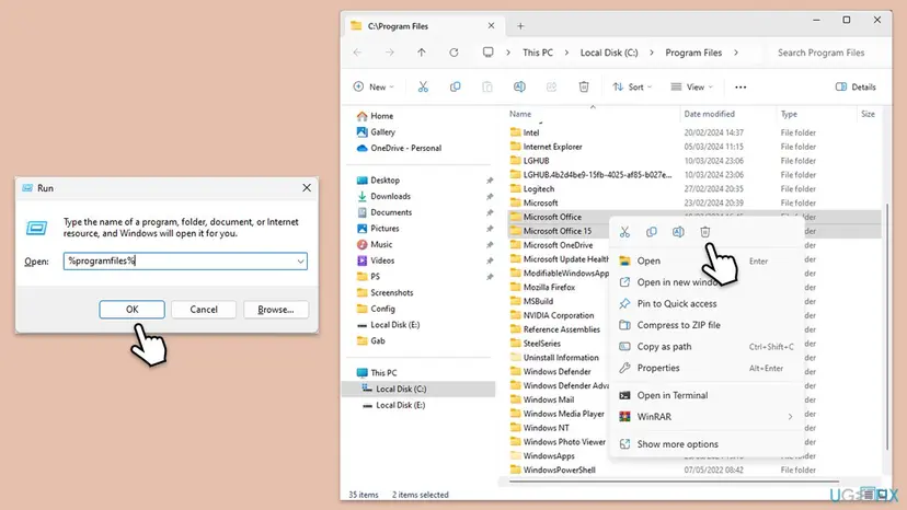 Run dialog with %programfiles% typed next to File Explorer on C:\Program Files with the Microsoft Office and Microsoft Office 15 folders selected and the context menu open