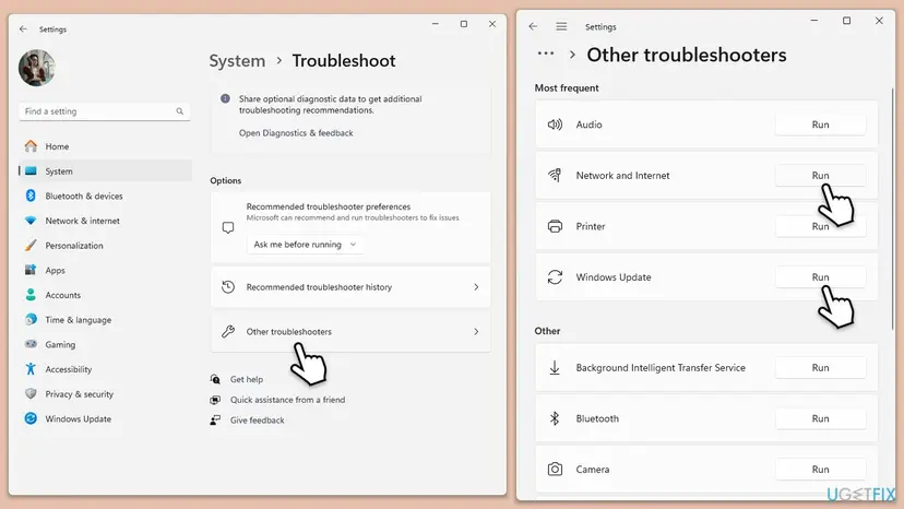 Windows 11 Settings on System Troubleshoot with Other troubleshooters selected, and the list of troubleshooters with Run buttons for Network and Internet and Windows Update