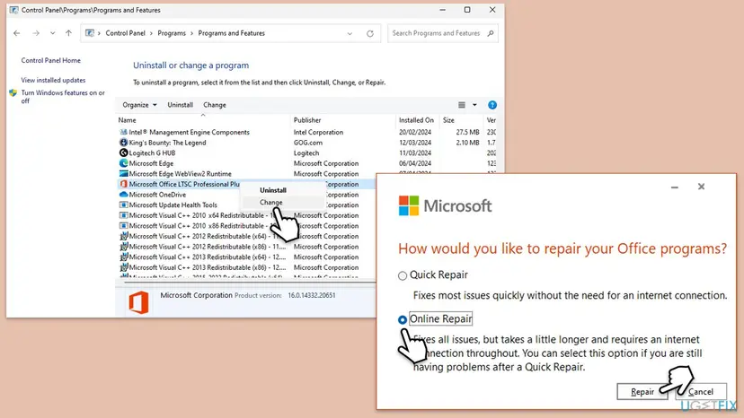 Control Panel Programs and Features with Change on a Microsoft Office LTSC entry, and the Office repair window with Quick Repair and Online Repair options